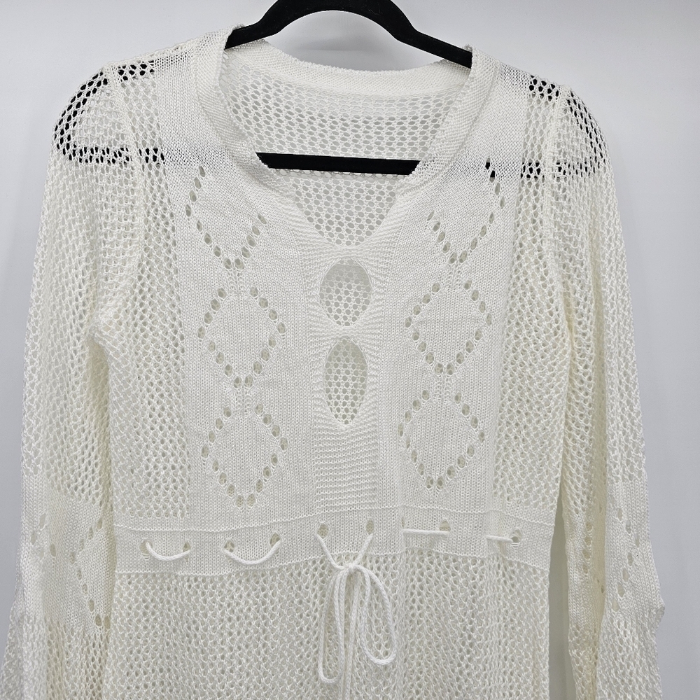 Ivory Crochet Swim CoverUp Hi Lo Breathable Dress Womens One Size - Picture 3 of 8